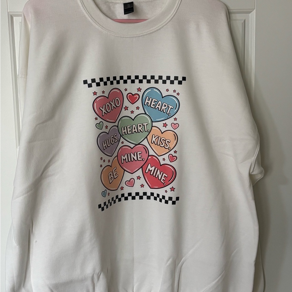 Gildan Women's White Sweater with Valentine’s Heart Graphics
